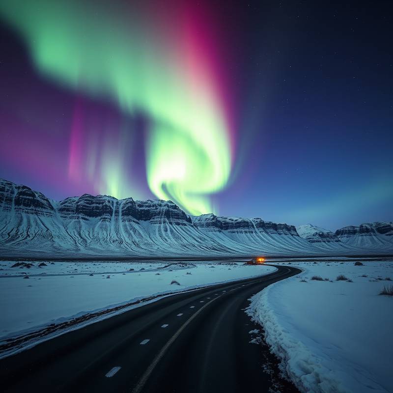 Imagen de Islandia con auroras boreales sobre un paisaje nevado