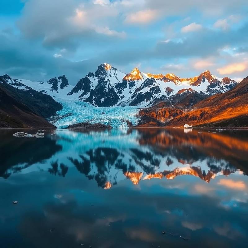 Imagen de la Patagonia Argentina con un glaciar y montañas reflejándose en un lago