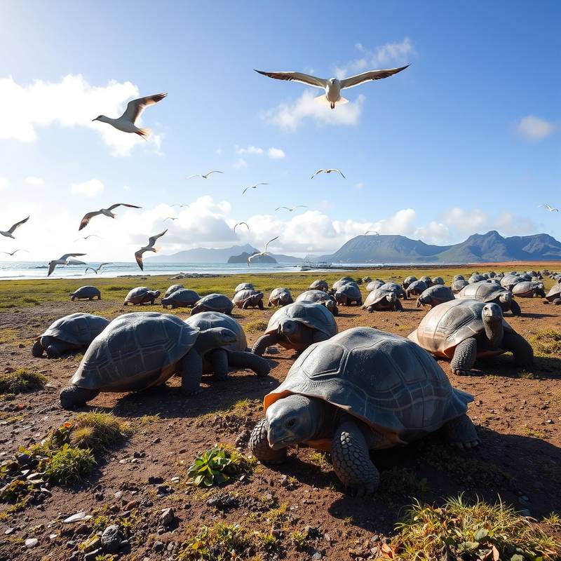 Imagen de las Islas Galápagos con tortugas gigantes y aves marinas