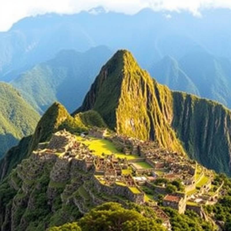 Imagen de Machu Picchu, la ciudadela Inca, con montañas verdes al fondo