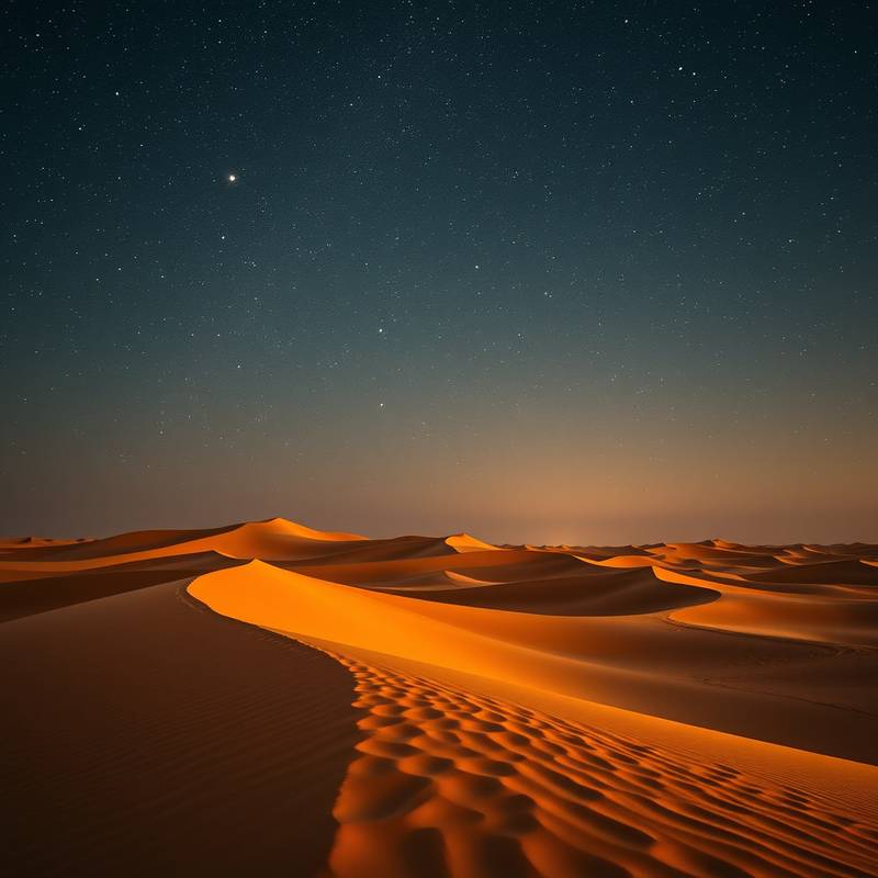 Imagen del Desierto del Sahara con dunas de arena bajo un cielo estrellado